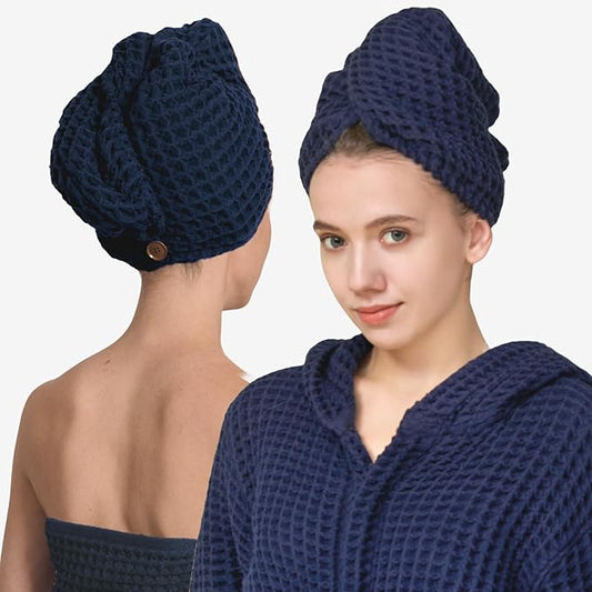 100% Organic Cotton Hair Drying Waffle Towel Wrap for Women | Absorbent & Quick Dry Head Turban for Wet Hair in Shower Sauna Spa, Extra Large for Long Straight Curly Plopping Button (Blue, 1 PACK)