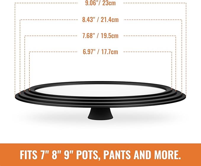 Universal Lids for Pots, Pans and Skillets, 7", 8" and 9" Pan Lid, Tempered Glass Pot Lid with Silicone Rim Heat Resistant, Replacement Pan Cover for Frying, Cookware & Bakeware Lids, Black