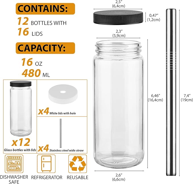 Glass Juice Bottles with Lids and Straws, 16 Oz - Set of 12 Reusable Clear Cups - For Drinking Smoothie, Iced Coffee, Juicing, Matcha, Water, Kombucha and More