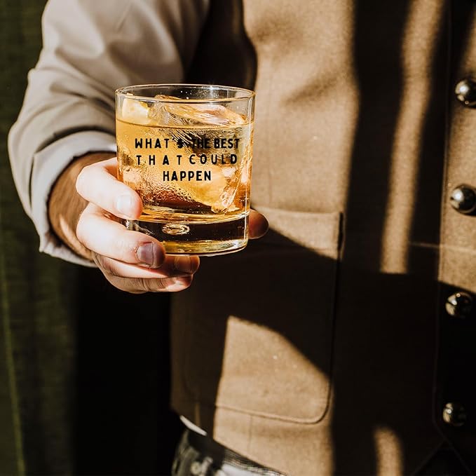 Whats the Best That Could Happen Whiskey Glasses 10 oz, Inspirational Gifts for Women Men, Motivational Quote Old Fashioned Rocks Glasses Cup for Drinking Scotch Bourbon Liquor