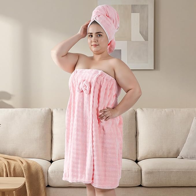 REDKISS Pink Towel Wrap for Women, XL Spa Shower Wrap with Hair Towel, Super Absorbent Bath Towels Robe for Body, Adjustable Microfiber Plush Bathrobe for Girls, Warmth Velcro Plus Size Wraps Towels