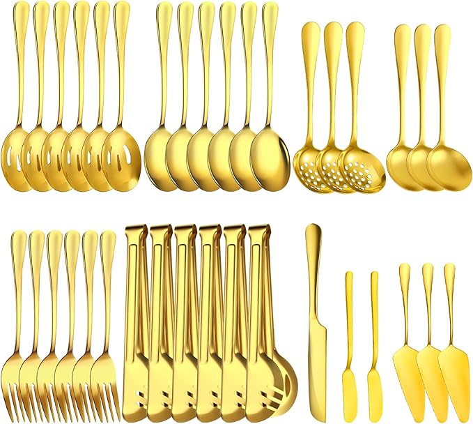 36-Piece Stainless Steel Serving Utensil Set – Complete Buffet Essentials with Spoons, Forks, Tongs, Ladle & More. Perfect for Wedding, Holiday, Catering, and Family Gatherings(Gold)