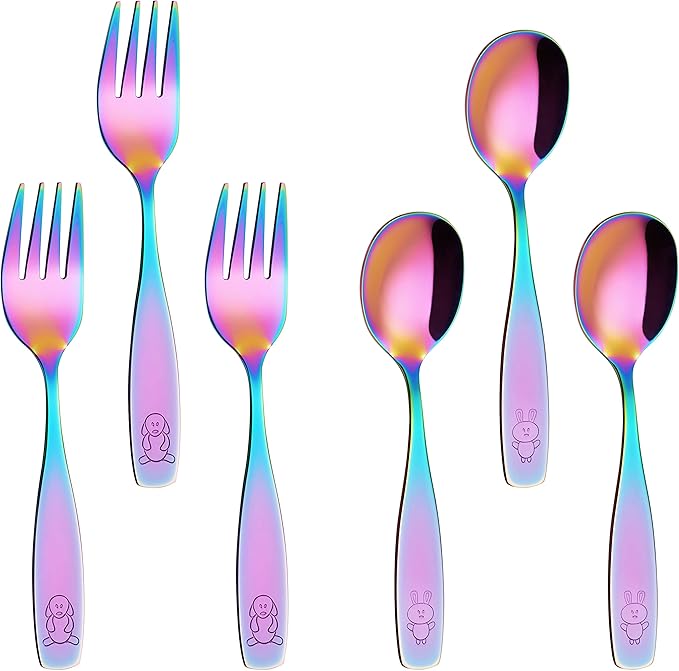 ANNOVA Kids Silverware Children's Safe Flatware Set Stainless Steel - Children Forks, Children Tablespoons, Toddler Utensils, Metal Cutlery Set for LunchBox (Rainbow, 6)
