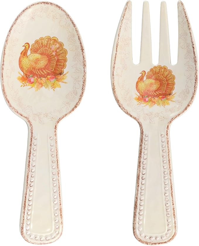 UPware Glitter Turkey Melamine Salad Servers, Serving Utensil Set, Includes Serving Fork and Spoon for Tossing Salad, Pasta, Thanksgiving Decorations, Orange, 10.75 Inch, Set of 2