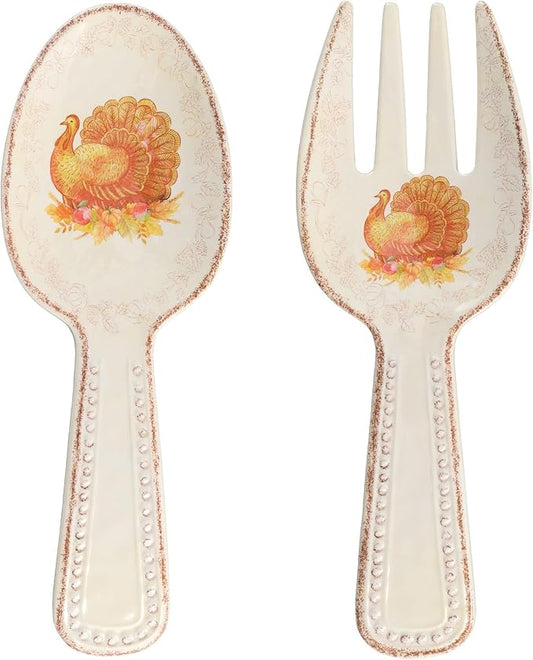 UPware Glitter Turkey Melamine Salad Servers, Serving Utensil Set, Includes Serving Fork and Spoon for Tossing Salad, Pasta, Thanksgiving Decorations, Orange, 10.75 Inch, Set of 2
