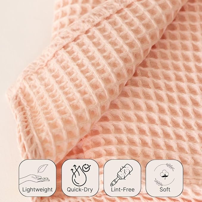 4-Piece Waffle Towels Set for Bathroom - Soft 100% Turkish Cotton Quick-Dry Lint-Free Waffle Weave Thin Bath and Hand Towels (Light Pink, 2 Bath & 2 Hand Towel Set)