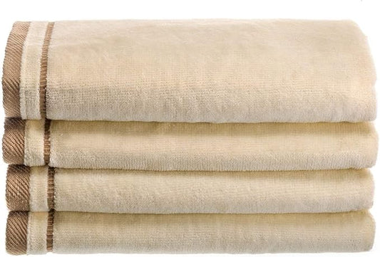 Creative Scents 100% Cotton Velour Fingertip Towels - 4 Pack 11 by 18 Inch – Decorative, Extra Absorbent and Soft Face Towel, Ideal for Bathroom and Powder Room (Cream with Embroidered Brown Trim)