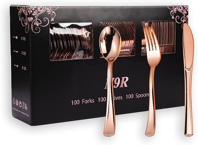 N9R 300PCS Rose Gold Plastic Silverware, Heavy Duty Plastic Cutlery Set, Disposable Rose Gold Utensils Include 100 Forks, 100 Spoons, 100 Knives, Perfect for Party Decorations