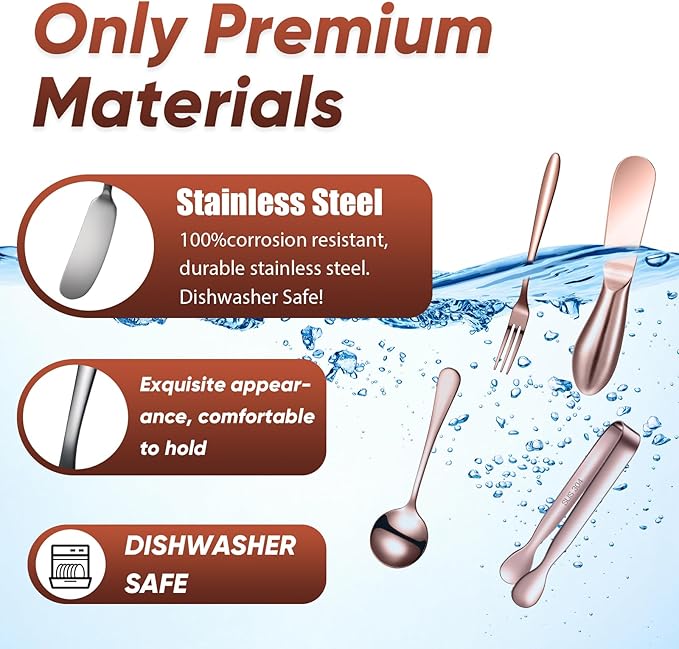 14 Pieces Charcuterie Board Accessories Cheese Spreader Knives Set Stainless Steel Charcuterie Utensils Spreader Knives Mini Serving Tongs Spoons and Forks for Cheese and Pastry Making (Rose Gold)