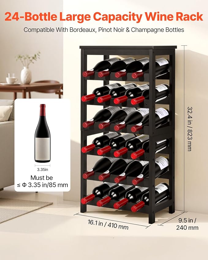VEVOR 24 Bottle Detachable Wine Rack, 6-Tier Wine Bottle Holder, Freestanding Floor Display Wine Storage Shelves with Table Top, for Kitchen,Cellar,Bar,Dining Room,Living Room, Black