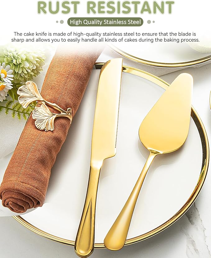 2-Piece Premium Cake Cutting Set, Exquisite Knife and Server with Serrated Design, Includes Cake Knife and Pie Spatula for Pastry, Pizza and Desserts (Gold)