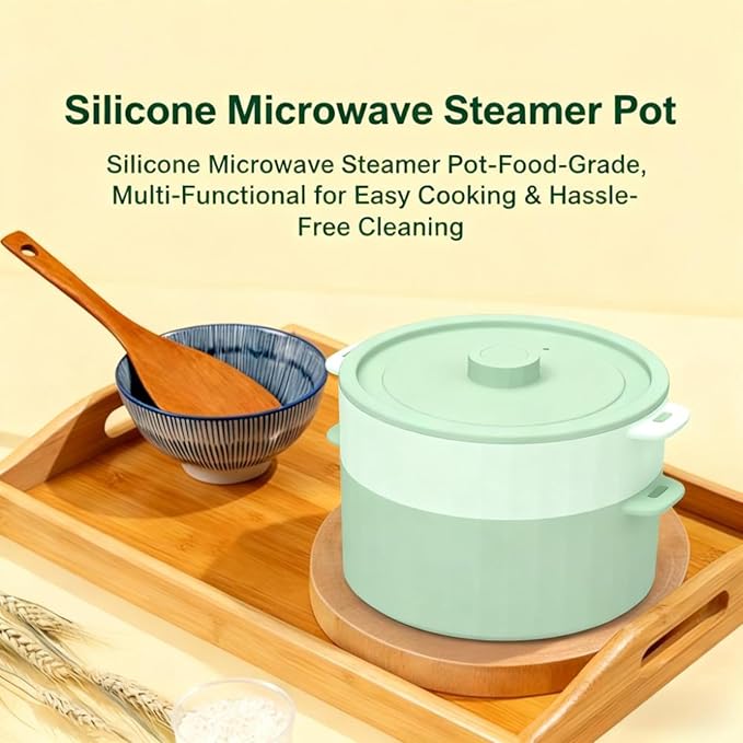 2-Tier Silicone Microwave Steamer, Divided Compartments with Lid, Stackable Food Container, Sage Green