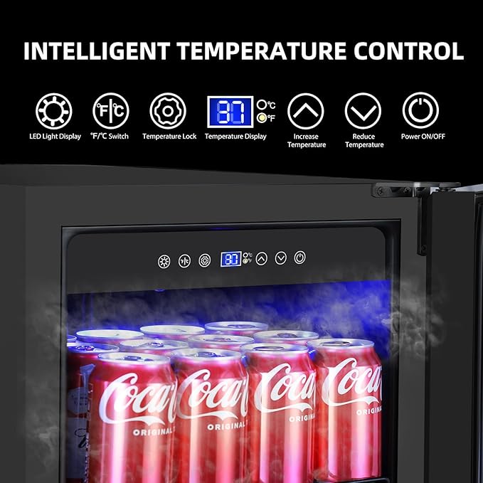 15 Inch Beverage Refrigerator, 130 Cans Drink Fridge with Glass Door & Lock, Upgraded Compressor, Low Noise, Built-in or Freestanding Cooler for Soda, Beer, Water, Black