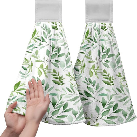 Spring Green Leaves Hanging Hand Towels Watercolor Eucalyptus Leaf Tie Towel Summer Hanging Dish Towels Absorbent Washable Kitchen Towel with Loop for Bathroom Kitchen