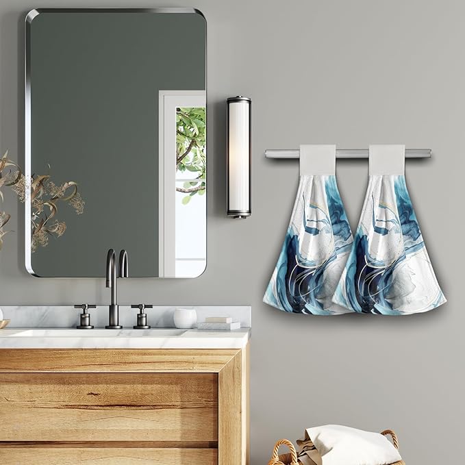 Giwawa Blue Abstract Kitchen Hand Towels 2 Pieces Canvas Art Dish Cloth Tie Towels with Hanging Loop Tea Bar Towels for Bathroom Tabletop Home