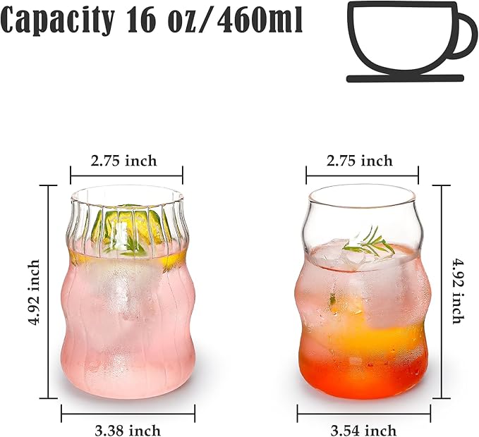Koythin 2-Piece Ribbed Glass Cups, Vintage Drinking Glassware for Iced Coffee Juice Cocktails Milk Tea Beer, 16 oz/460 ml Cute Bubble Cup with Wave Shape (Cloudy Chubby)