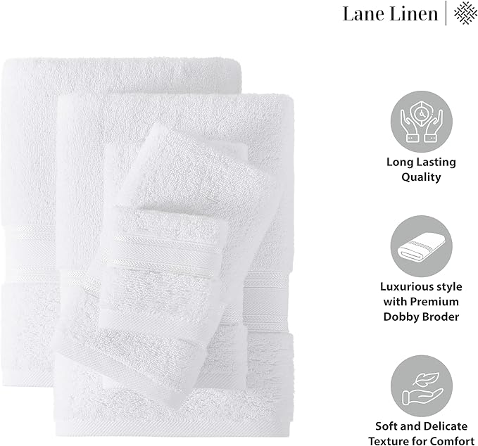 LANE LINEN Towel Set of 18 – Premium 100% Cotton, Zero Twist, 6 Large Bath Towel, 6 Hand Towels & 6 Wash Cloths, Quick Dry & Long-Lasting, Perfect for Family Bathrooms, Easy Care – White Towels