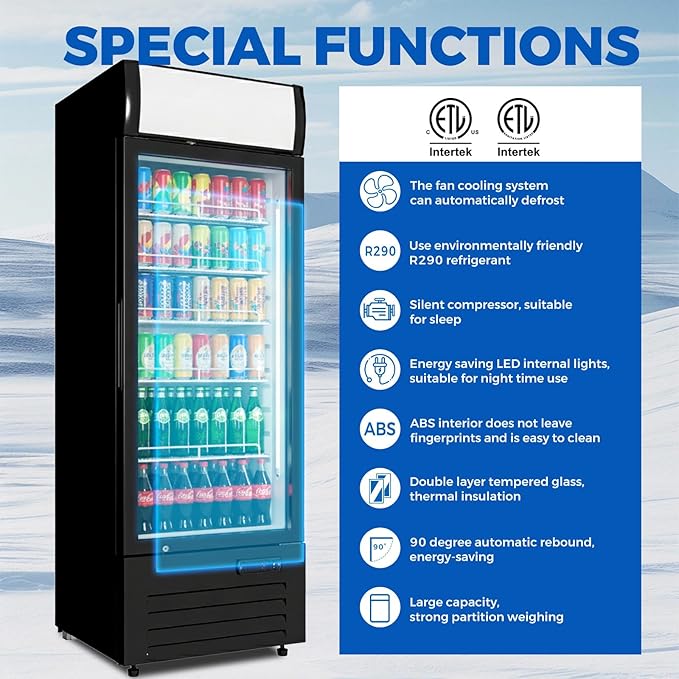 16.5 cu.ft Commercial Refrigerators with 1 Glass Door, Beverage Fridge with LED Light Display Upright Merchandiser, Drink Cooler with 5 Adjustable Shelves Black ETL Approved