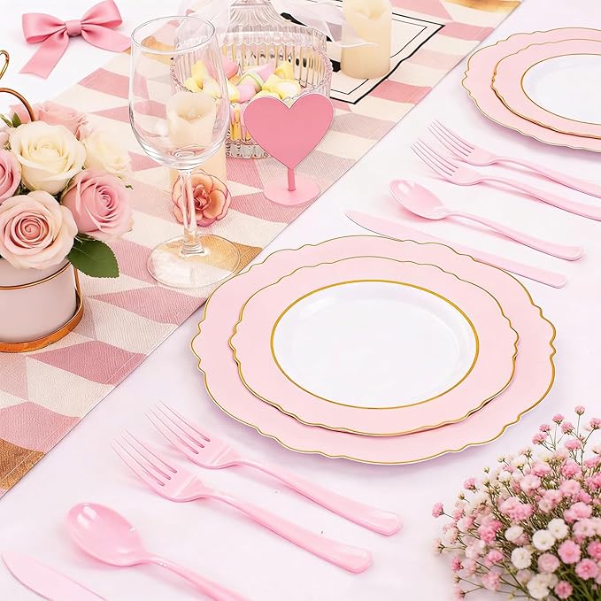 WDF 160 Piece Pink Plastic Silverware - Heavy Duty Pink Silverware Includes 80 Forks, 40 Spoons, 40 Knives, Plastic Utensils Perfect for Wedding, Party