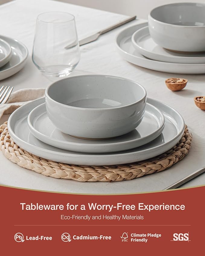 Famiware Milkyway Stoneware Dinnerware Sets with Pasta Bowls, Service for 6 (24 Pieces), Plates and Bowls Sets -Scratch Resistant, Microwave and Dishwasher Safe Dishes Set, Light Gray