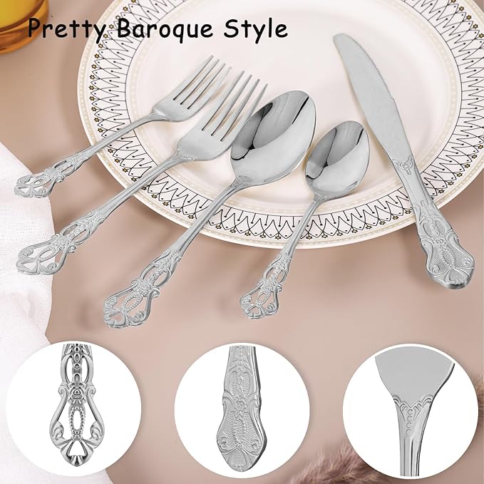 20 Piece Gorgeous Retro Royal Silverware Set for 4, Premium Stainless Steel Flatware Set with gift box, Mirror Polished Cutlery Set Including Spoons and Forks, Vintage Utensils, Dishwasher Safe