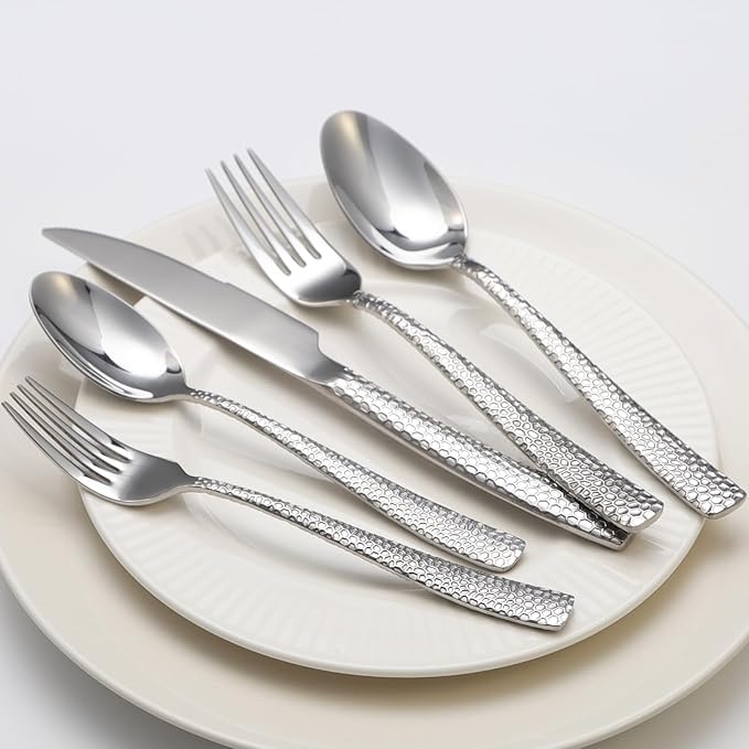 Hammered Silverware Set, 20 Piece Stainless Steel Flatware Set for 4, Food-Grade Tableware Cutlery Set for Home Restaurant, Mirror Polished, Dishwasher Safe
