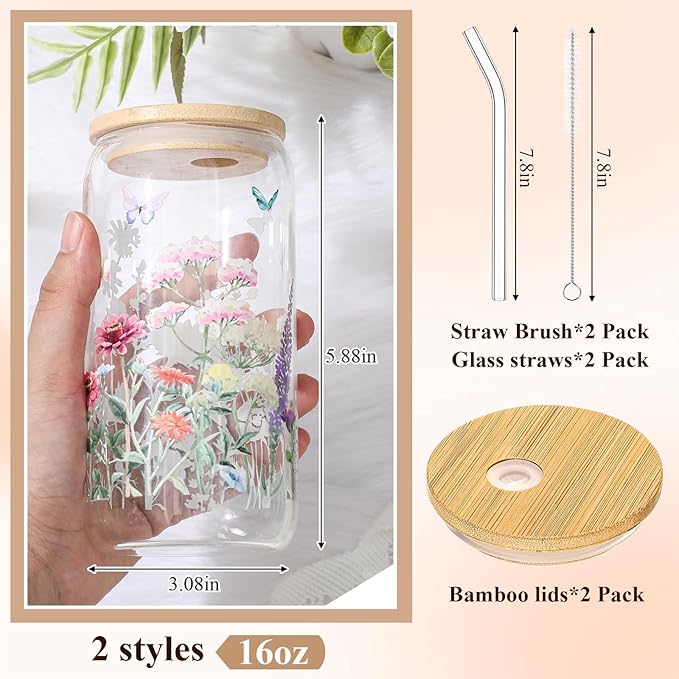 Mumufy Gift for Women Cute Glass Cup Tumbler Flower Iced Coffee Mugs 16 oz Glass with Bamboo Lid & Straw, Mothers Day Birthday Gift for Mom Sister Bridesmaid Baby Shower(2 Pack,Wild Flower2)