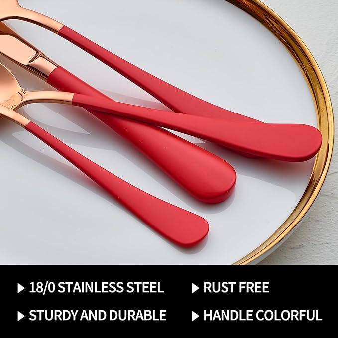 20-Pieces Rose Gold and Red Silverware Sets for 4,Red Handle Stainless Steel Cutlery Set, Include Forks Spoons and Knives Set, Dishwasher Safe Utensil Sets for Home Restaurant