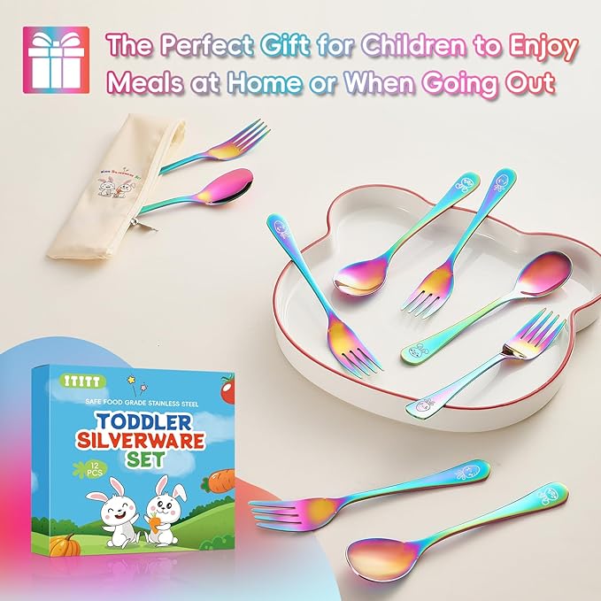 12 Pieces Stainless Steel Rainbow Toddler Utensils Set - Food Grade Kids Silverware Set Children Safe Small Forks and Spoons Mirror Polished Sturdy and Durable Dishwasher Safe