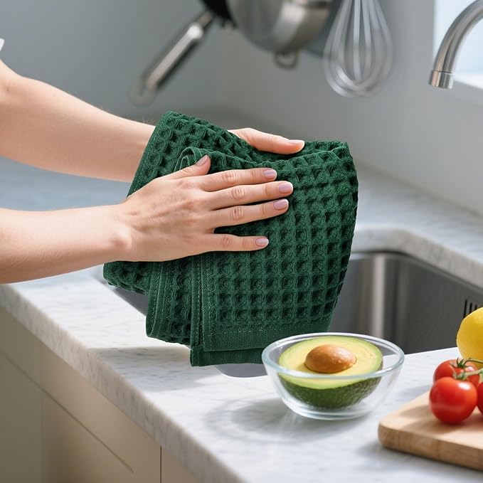 Jacquotha Waffle Hand Towels Set of 5 (Hunter-Green) – Cotton, Quick Dry, Lint Free, 13” x 29”, Christmas Bathroom Decor & Kitchen Towels
