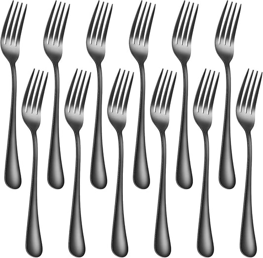 12 Piece Dinner Forks, 8 Inch, Top Food Grade Extra-Fine Stainless Steel Silverware Forks，Silverware Set, Dishwasher Safe （Black)