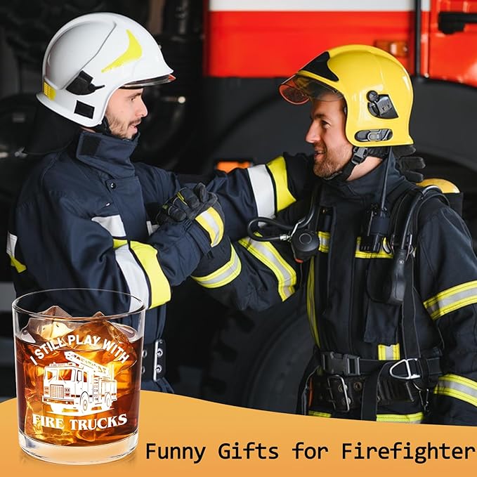 Futtumy Firefighter Gifts for Men, I Still Play With Trucks Whiskey Glass, Fireman Retirement Gifts, Funny Birthday Father's Day Christmas Gift for Firefighter Fireman, 10 Oz Old Fashioned Glass