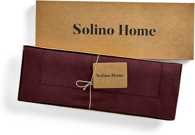 Solino Home Linen Cloth Placemats Set of 4 - 100% Pure Linen Hemstitch Burgundy Placemats 14 x 19 Inch - Classic Hemstitch Table Place Mats for Holiday, Winter, Valentines
