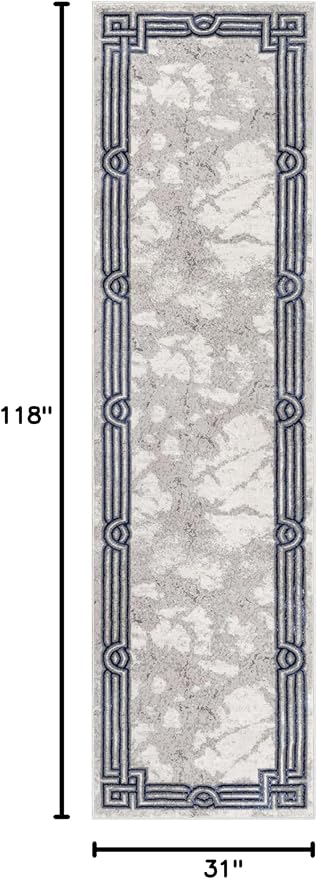 Well Woven Lezlee Abstract Modern 2'7" x 9'10" Runner Rug - Blue Marble Border - for Hallway, Entryway, Stair
