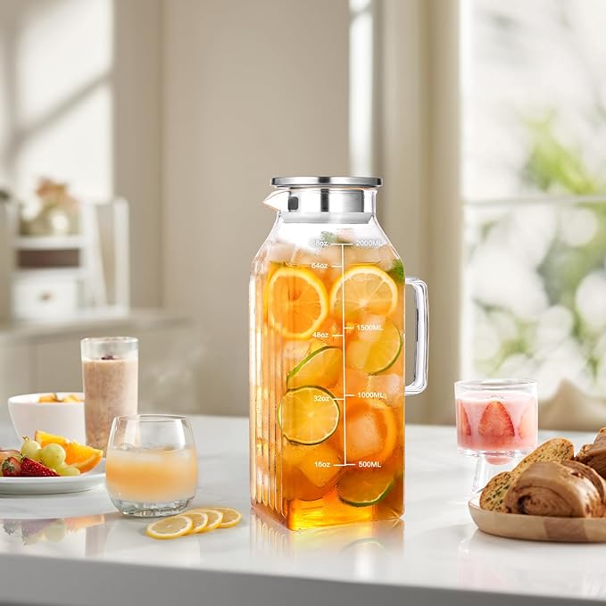 2 Liters/68oz 2 Pack Square Glass Pitcher with Lid and Handle for Fridge Door, Aofmee Borosilicate Glass Heat Resistant Dishwasher Safe Iced Tea Jar, Carafe with Scale Line for Hot/Cold Beverage