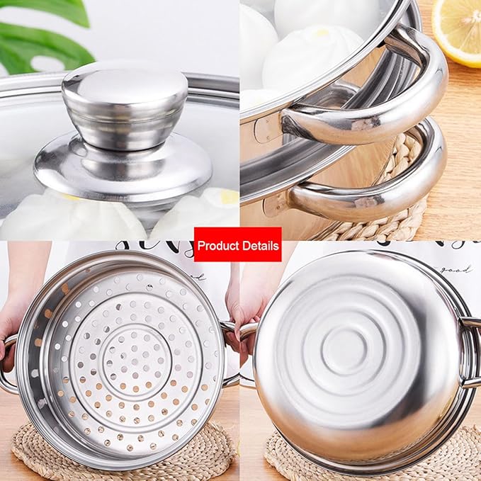 Steamer Pot for Cooking 4 Quart Steamer Pot 2-tier Multipurpose 18/8 Stainless Steel Steam Pot Cookware with Lid for Vegetable, Noodles, Pasta, Food