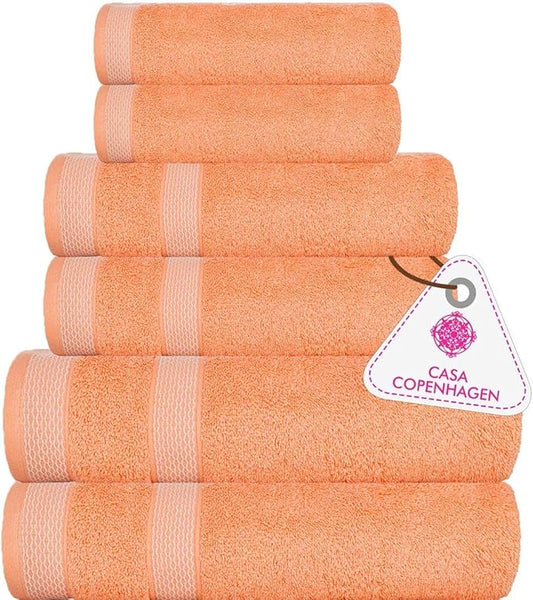 CASA COPENHAGEN Solitaire 6 Pieces Towel Set- Malibu Peach, 600 GSM 2 Bath Towel 2 Hand Towel 2 Washcloth, Designed in Denmark Made of Soft Egyptian Cotton for Bathroom, Kitchen & Shower