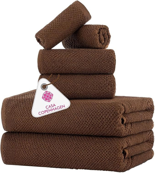CASA COPENHAGEN Popcorn Textured 6 Pieces Towel Set- Toffee, 550 GSM 2 Bath Towel 2 Hand Towel 2 Washcloth, Rough & Tough Use Cotton Towels Gift Set for Bathroom