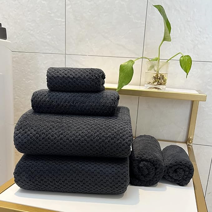 YTYC 29x59 Inch Bath Towels Set of 6 Large, Super Soft Absorbent Lint Free Microfiber Towels for Bathroom 80% Polyester (Black,6 Piece)