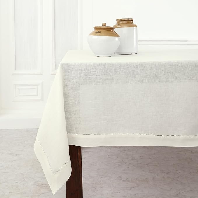 Solino Home Linen Tablecloth 60 x 132 Inch - Classic Hemstitch 100% Pure Linen Ivory Table Cloth for Rectangle Tables - Machine Washable Tablecloth for Holiday