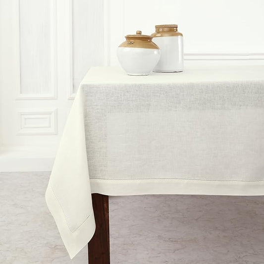 Solino Home Linen Tablecloth 60 x 132 Inch - Classic Hemstitch 100% Pure Linen Ivory Table Cloth for Rectangle Tables - Machine Washable Tablecloth for Holiday