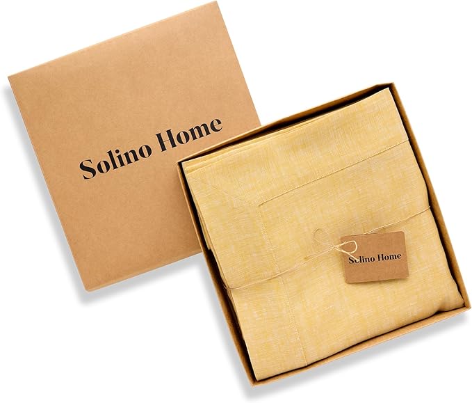 Solino Home Linen Tablecloth 60 x 108 Inch - 100% Pure Linen Chambray Mustard Yellow Table Cloth for Rectangular Tables - Athena, Machine Washable Cloth Tablecloth