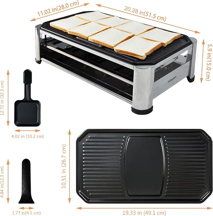 TAMARIT Raclette Cheese Table Grill Portable Electric Indoor Korean BBQ Griddle 1400 W Raclette Party Grill with Iron Nonstick Extra Large Cooking Plate for Home Party, Stainless Steel
