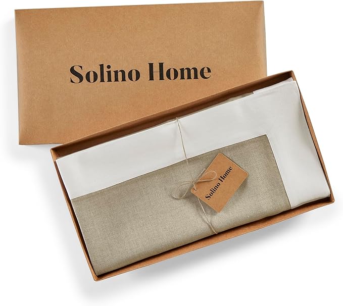 Solino Home Linen Tablecloth 52 x 52 Inch - 100% Pure Linen White and Natural Square Tablecloth - Contempo, Machine Washable Table Throw for Holiday, Winter