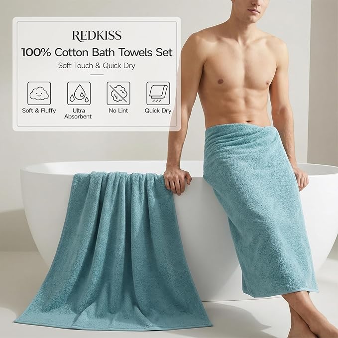REDKISS 6-Piece Bath Towel Set, Ultra-Plush & Highly Absorbent 100% Cotton Towels for Bathroom, Blue Set Includes 2 Bath Towels, 2 Hand Towels, 2 Washcloths