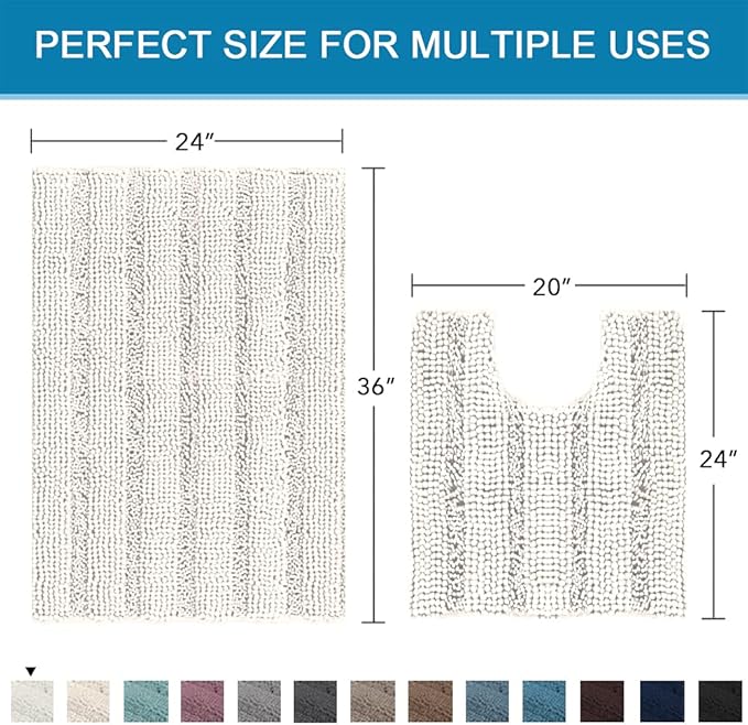H.VERSAILTEX Bathroom Rugs Bath Rug Set 2 Piece Bathroom Contour Rug Toilet Mat Sets Non Slip Contour Bath Rug Ultra Thick Water Absorbent Striped Bath Mats Washable(36" x 24" Plus 20" x 24" U, Ivory)