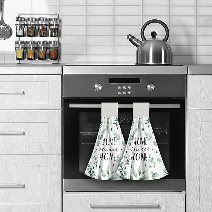 Giwawa Home Sweet Home Hanging Kitchen Towels Green Leaves Hand Tie Towel Set of 2 Fast Drying Dish Tea Towels for Bathroom Toilet Gym Decor