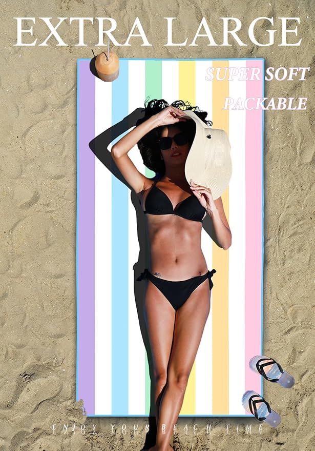 2 Pack Microfiber Lightweight Thin Beach Towel Sand Free Quick Dry Super Absorbent Large Towels for Swimming Pool Yoga Gym Travel Vacation Beach Accessories Essentials Stripes