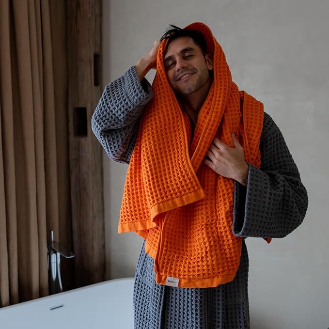 Luxury Organic Japanese Cotton Waffle Bath Towel | Thick, Absorbent, Quick Dry Bathroom Towels for Shower, Sauna, Onsen| Hotel & Spa Quality, Gift-Ready (Coral Orange, Bath Towel (Set of 2))