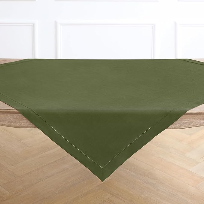 Solino Home Linen Tablecloth 52 x 52 Inch - 100% Pure Linen Olive Square Tablecloth - Classic Hemstitch, Machine Washable Table Throw for New Year